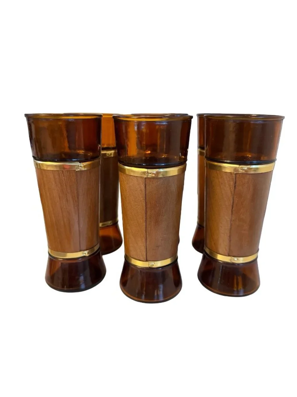 Vintage The Tower's Amber Glass Tumblers Genuine Walnut Wood Jackets Set of 6 MC
